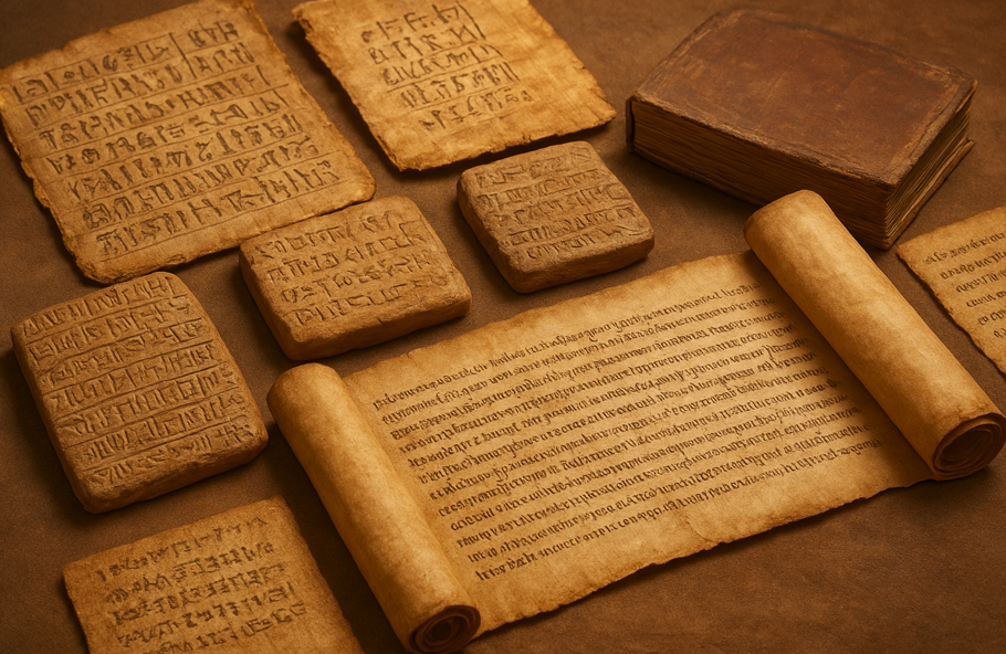 Ancient books and manuscripts including Sumerian clay tablets and papyrus scrolls arranged on a table, representing the oldest books in human history.