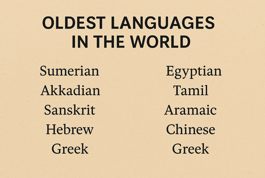 List of the oldest languages in the world: Sumerian, Egyptian, Akkadian, Tamil, Sanskrit, Aramaic, Hebrew, Chinese, and Greek.
